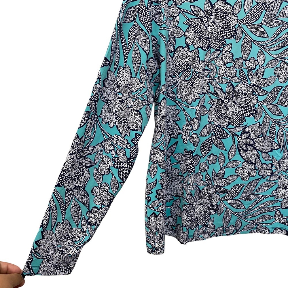 Lands' End L Floral Swim Shirt Rash Guard Long Sleeve Aqua Blue White Navy - Picture 4 of 9
